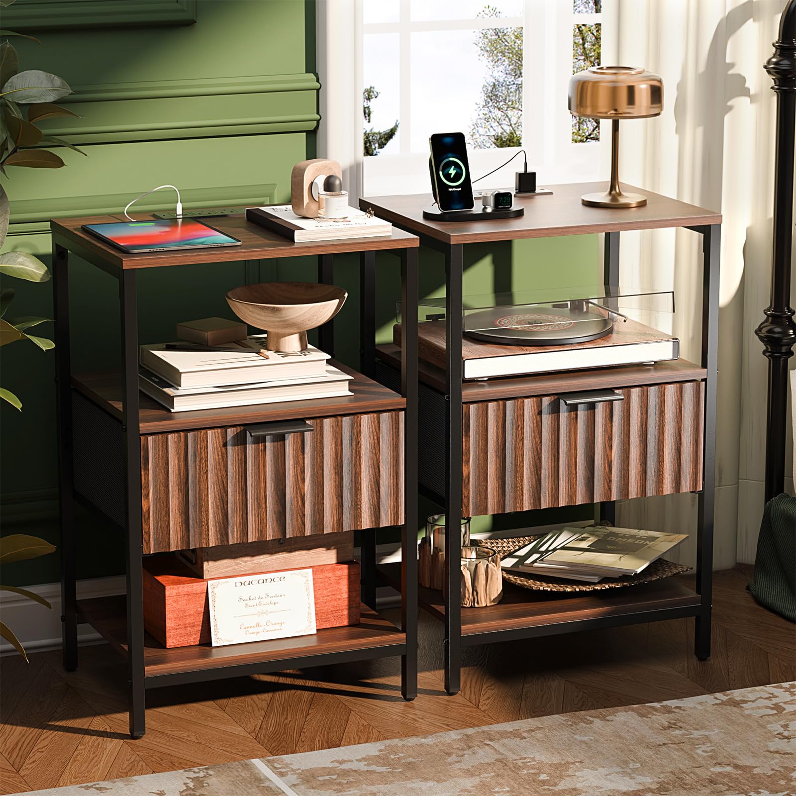 Amazon.com: VINGLI Nightstands Set of 2 with Fabric Drawer, Walnut
